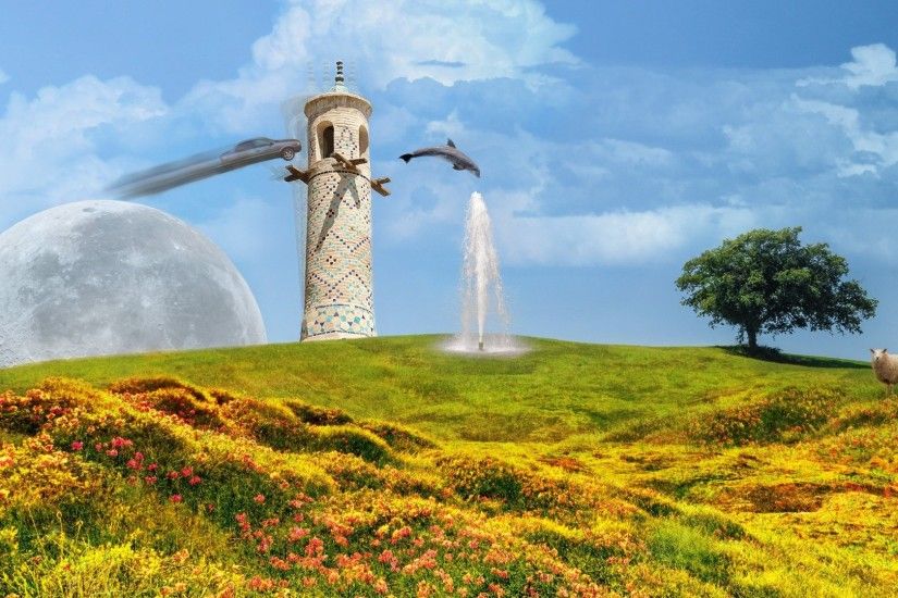 Surreal Tag - Moon Tower Hill Sheep Nazanin Fountain Surreal Sky Digital  Art Dolphin Cloud Full