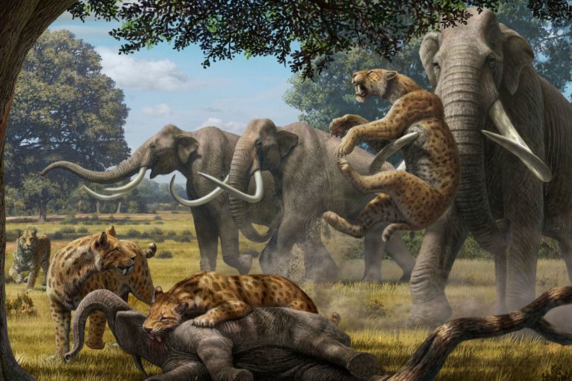 Photos Animals Mammoth Fight Hunting Ancient animals 2048x1152