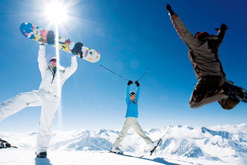 Preview wallpaper snowboard, skis, jump, pleasure, smiles, sun 3840x2160