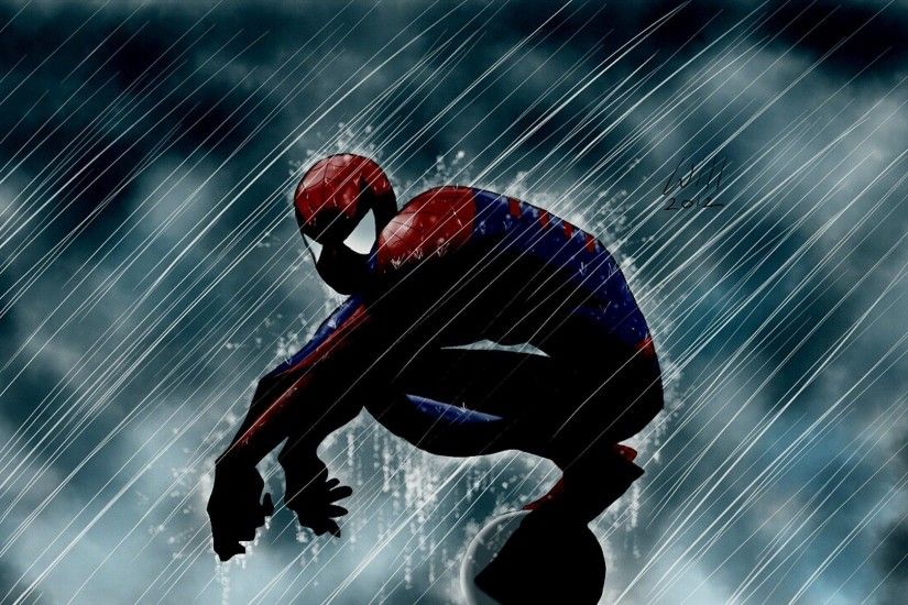 Awesome dramatic Spiderman in the rain wallpaper [1920x1080]