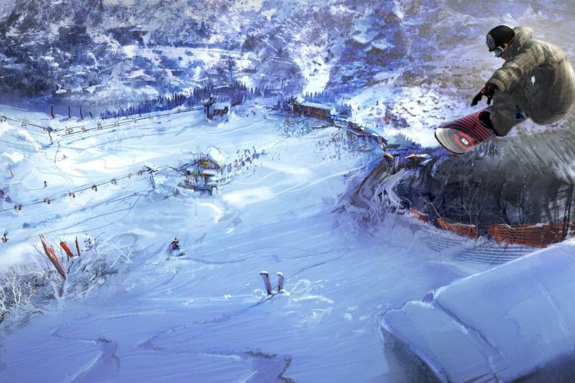 3840x2160 Wallpaper snowboard, jump, extreme, descent, village