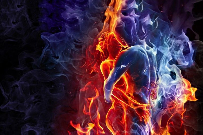 fire and ice 3D Romantic Couple in Love Wallpaper