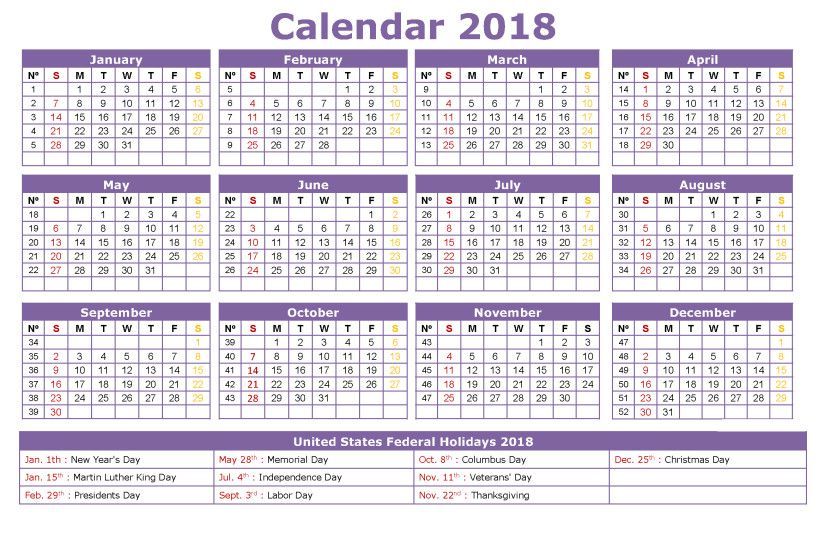 2018 Calendar with Holidays, Calendar 2018 Template