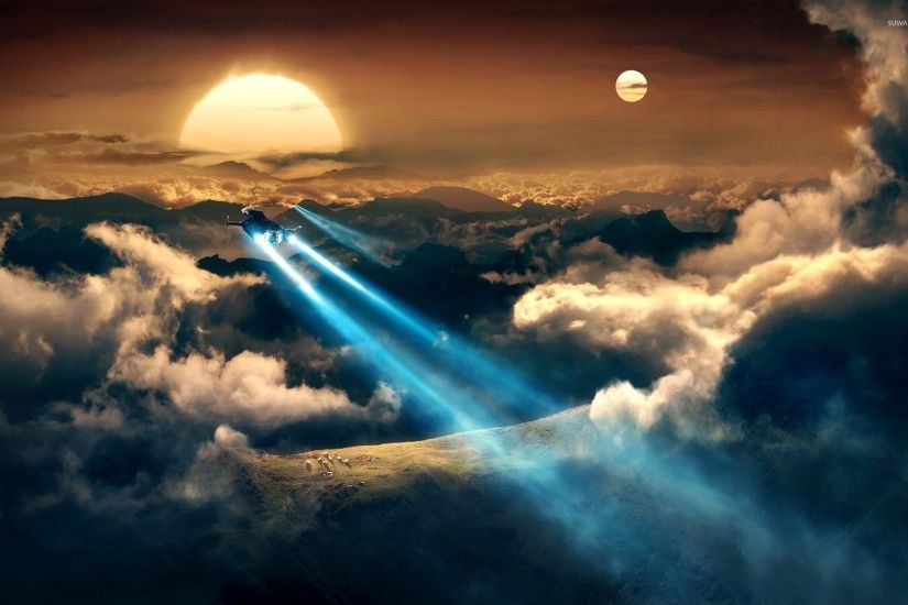 Spaceships flying towards the beautiful sunset wallpaper