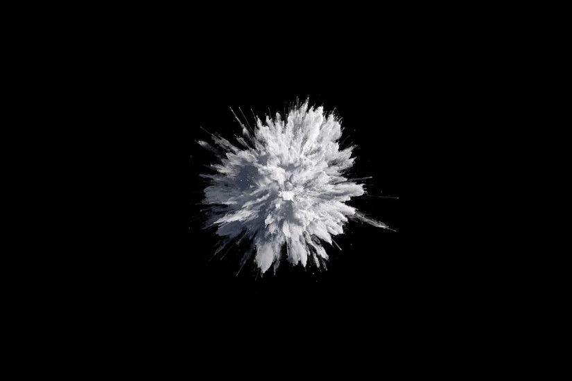 Cg animation of white powder explosion on black background. Slow motion  movement with acceleration in the beginning. Has alpha matte.
