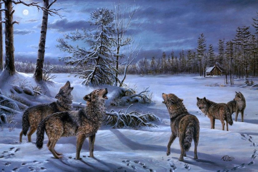 A pack of wolves howling at the moon
