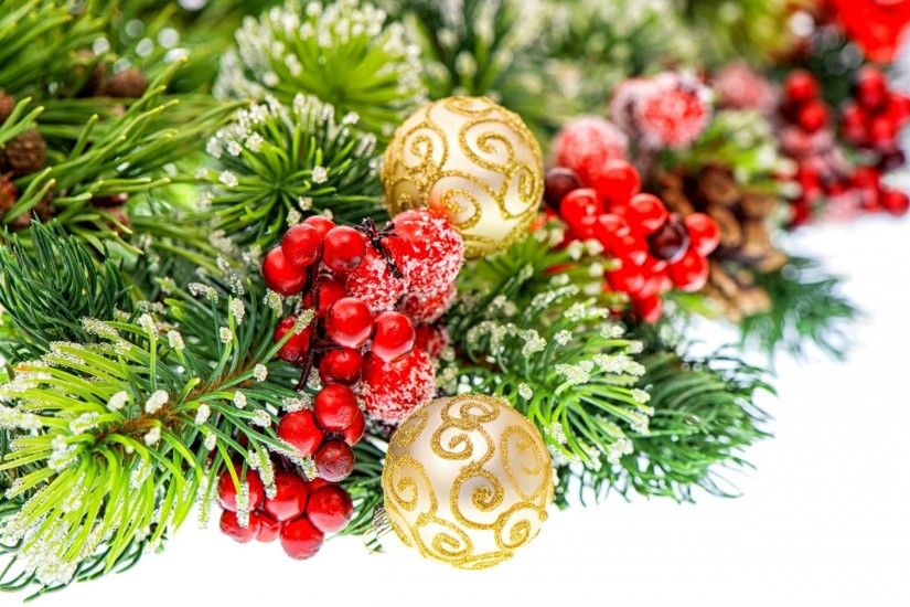 balls bulbs white pattern gold holly berries red branch spruce cone toys  christmas holidays new year