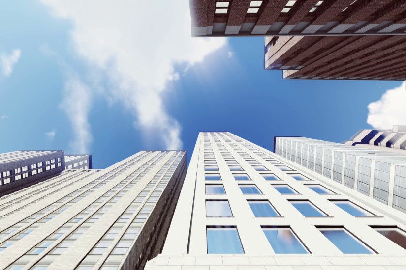 High rise office buildings from bottom up view against blue sky with clouds  background. Realistic 3D animation. Stock Video Footage - VideoBlocks