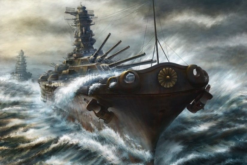art kashi takahisa ships cruiser battleship gun sea paint storm
