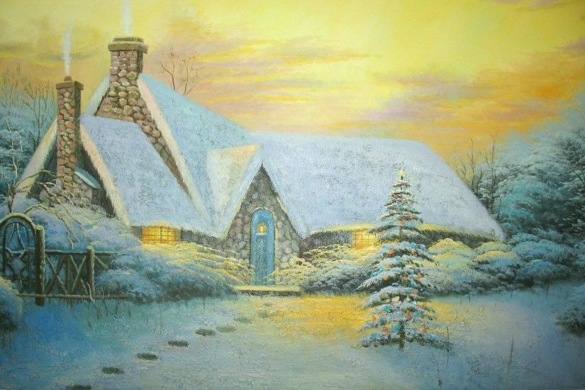painting thomas kinkade thomas kinkade pattern picture christmas tree  cottage winter cottage fence snow traces
