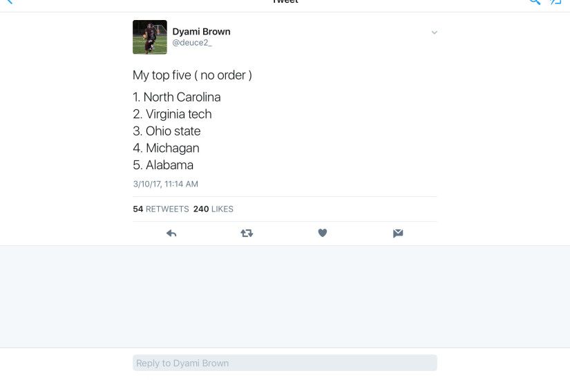 2018 4-star ATH and Charlotte, North Carolina native Dyami Brown has  released his top five. The tweet says the list is in no order, but North  Carolina is on ...