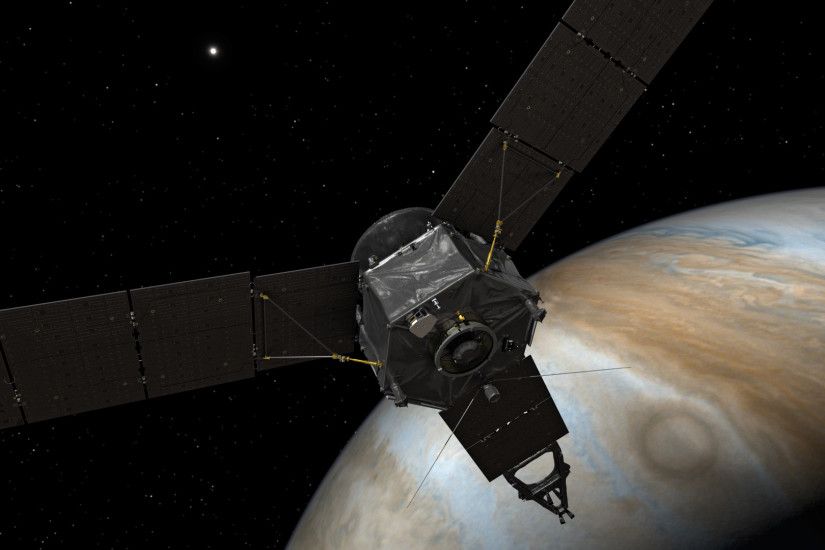 This illustration depicts NASA's Juno spacecraft at Jupiter