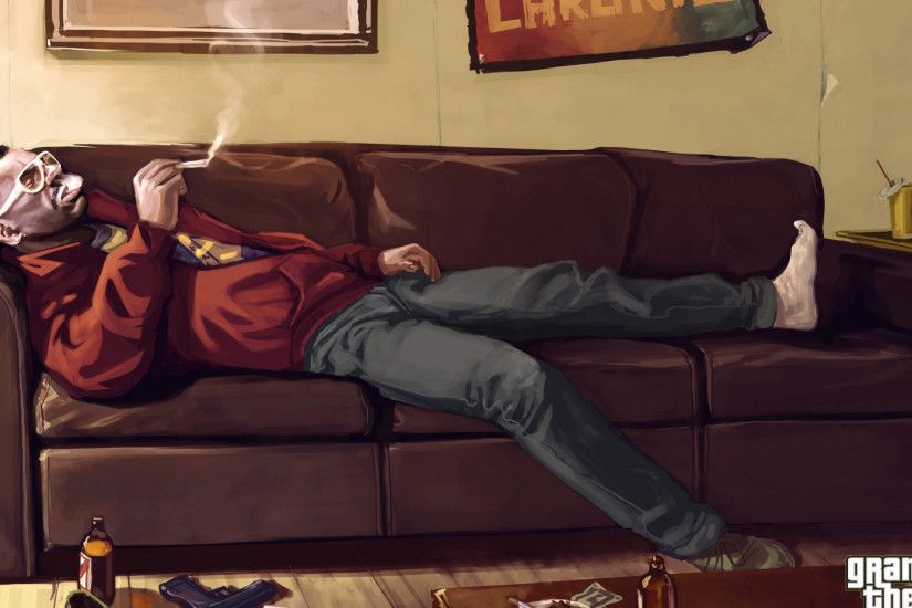 Preview wallpaper man, smoking, gta 4, sofa 1920x1080