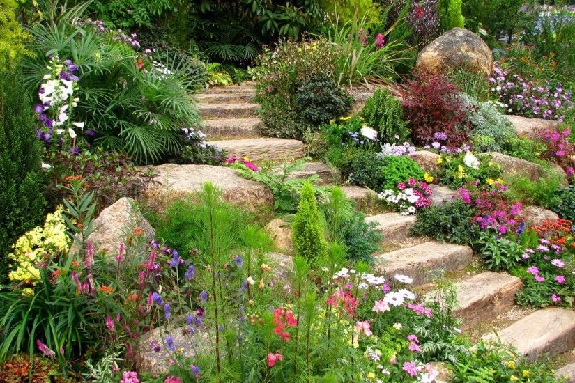 1920x1080 Wallpaper steps, flowers, garden, vegetation, green, summer,  allsorts