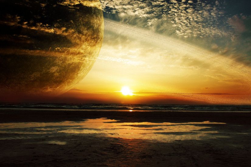 Preview wallpaper sunset, sea, rings, planet 1920x1080