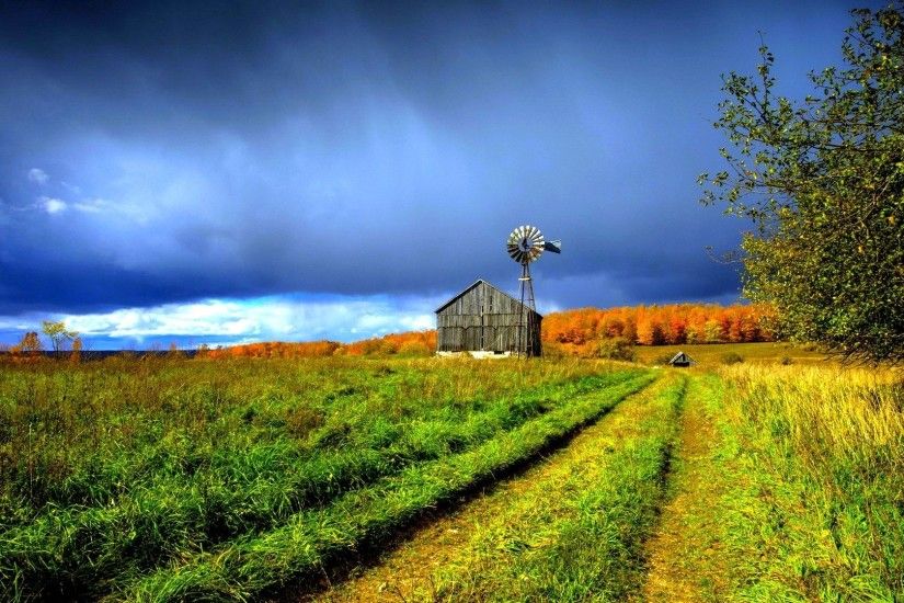 Houses - FARM HOUSE WINDMILL Autumn Field Landscape Fullscreen Wallpaper  for HD 16:9 High