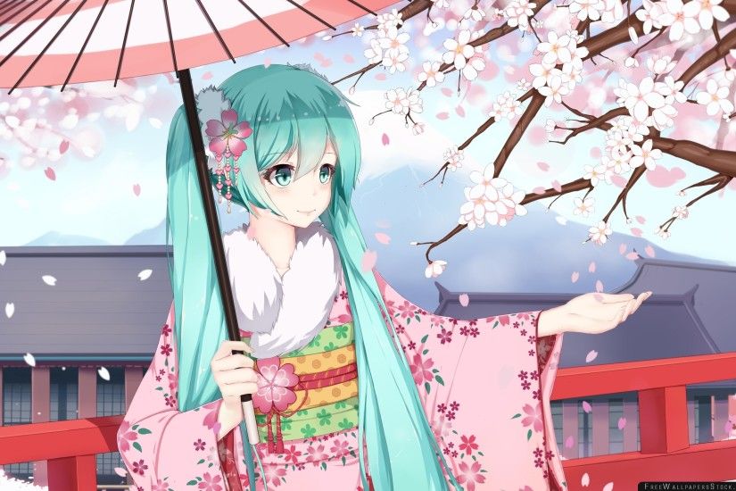 Sugar Sound Vocaloid Hatsune Miku Girl Anime Kimono Sakura Wallpaper