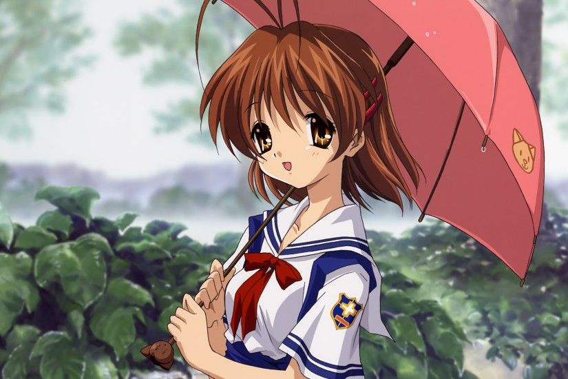Wallpaper Anime, Girl, Cute, Umbrella, Rain, Nature
