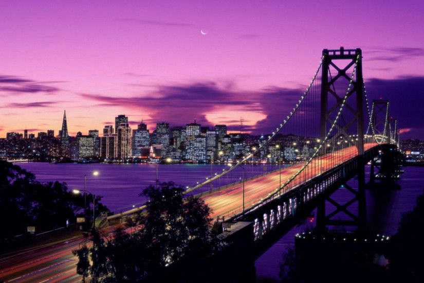 Man Made - Bay Bridge City Bridge Night San Francisco California Sunset  Purple Light Building Wallpaper