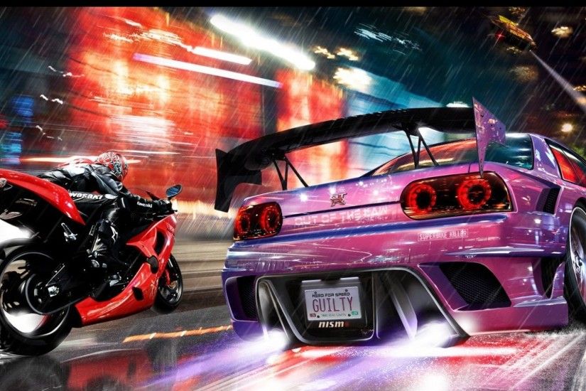 Preview wallpaper nfs, need for speed, motorcycle, car, nissan gtr, road