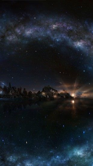 2160x3840 Wallpaper night, starry sky, shine, water, island, rock, galaxy