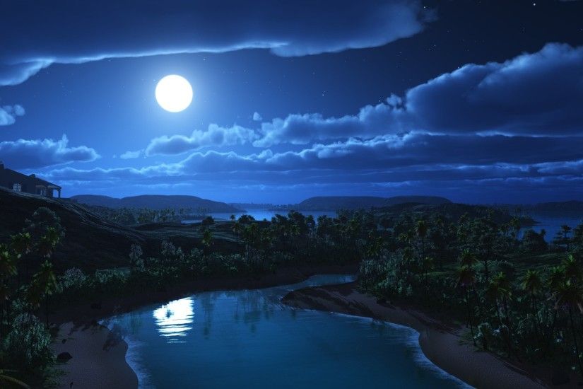 CGI - Landscape Night Moon Hill Palm Tree River House Cloud Stars Wallpaper