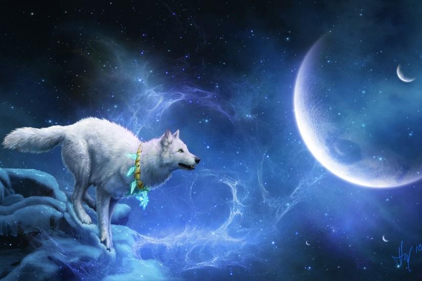 Fantasy - Wolf CGI Fantasy Animal Sky Stars Moon Planet Dreamcatcher  Wallpaper