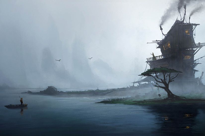 Fantasy - House Fog Island Dark Lake Fantasy Lonely Tree Wallpaper
