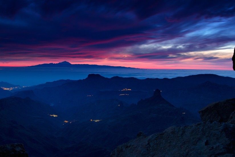 Preview wallpaper mountains, twilight, sky, clouds, fires, distance,  darkness 1920x1080