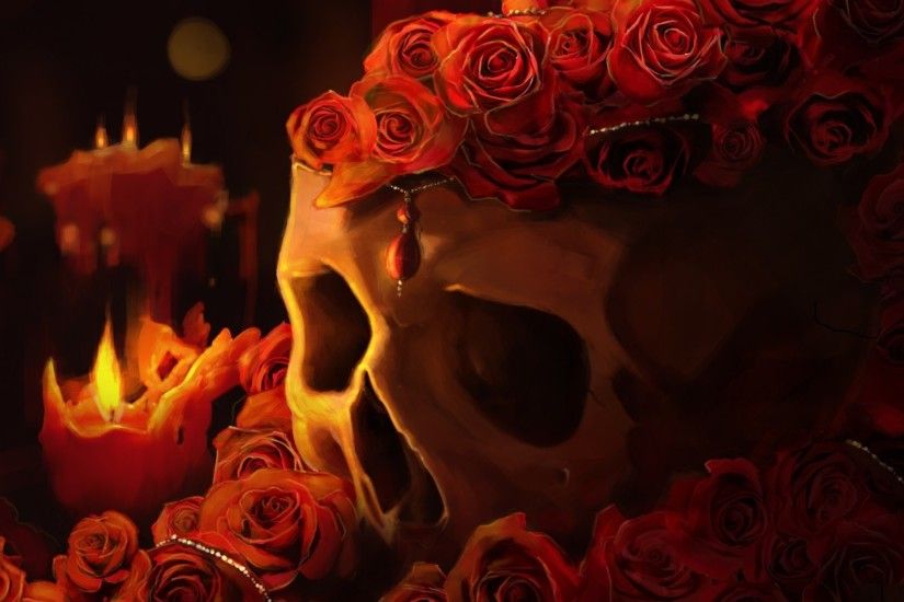 Download Skulls Roses Candles Fantasy Candle Skull Goth Gothic Fire Dark  Wallpaper At Dark Wallpapers