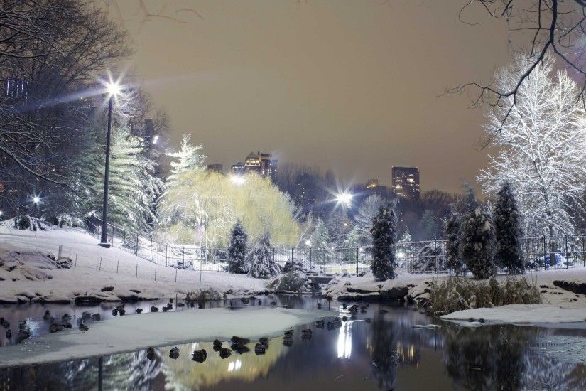 3840x2160 Wallpaper city , park, trees, winter, snow, lights
