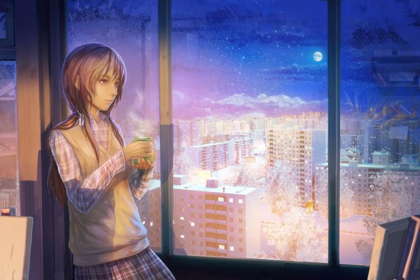 ArseniXC, Anime Girls, Winter, Snow, Night, School Uniform, Original  Characters Wallpaper HD