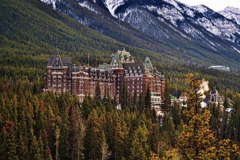 ... Canada, Forest, Pine Trees, Mountain, Castle, Hill, Snowy Peak, The  Fairmont Banff Springs Wallpapers HD / Desktop and Mobile Backgrounds