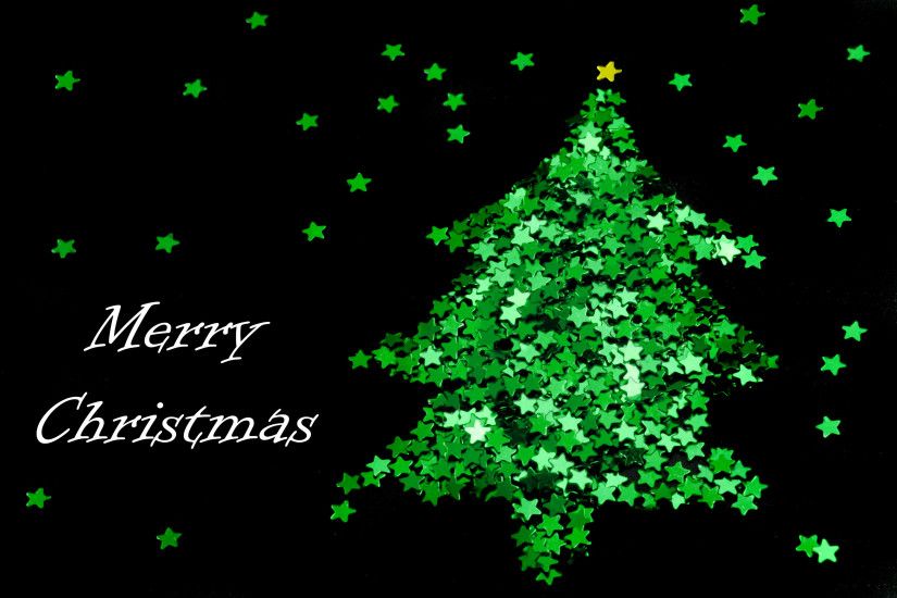 Christmas tree formed from multiple shiny little green stars with Merry  Christmas text on a scattered