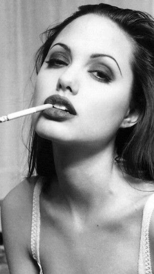 1440x2560 Wallpaper angelina jolie, cigarette, face, make-up, black and  white