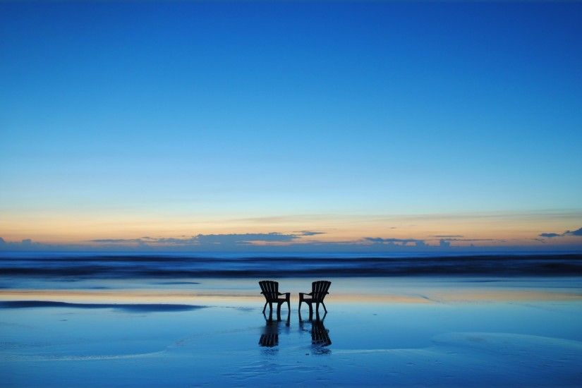 chair, sea, water, sky, ocean, beach, sunset, evening,