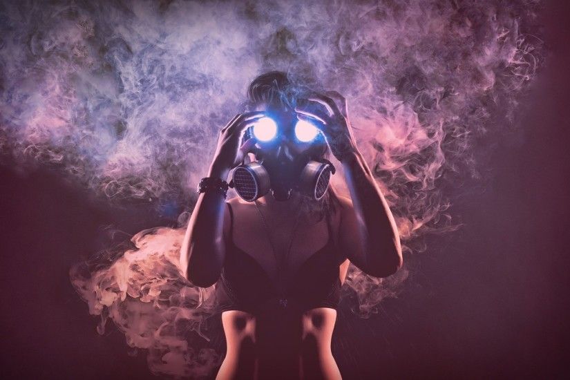 gas-mask women females girls dark horror smoke wallpaper background .
