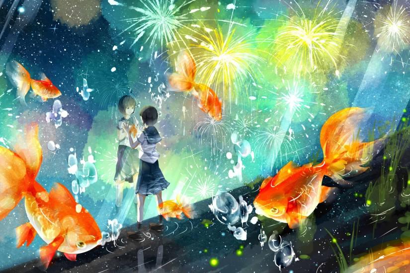 Schoolgirl wathing the fireworks wallpaper 2880x1800 jpg