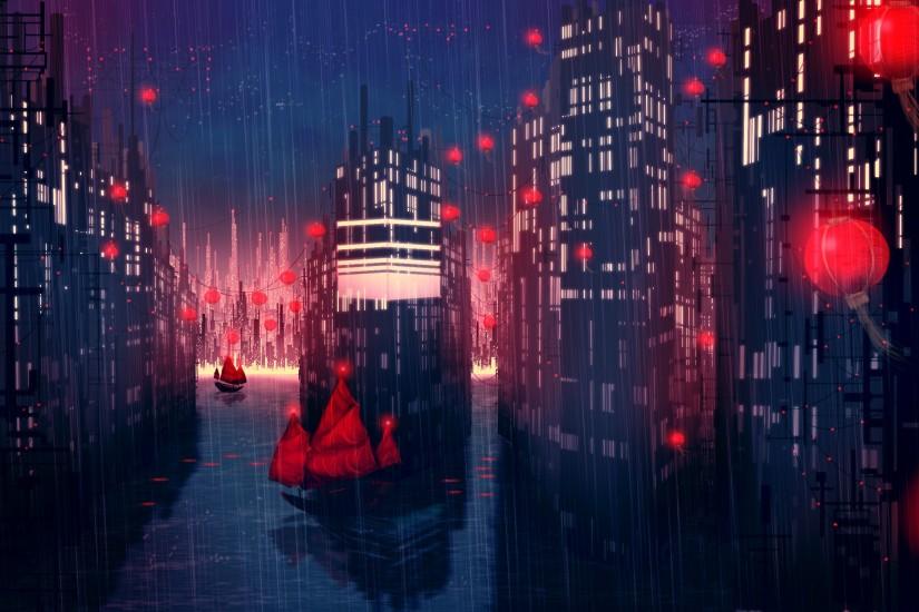 Artwork Buildings Cityscapes Rain Ships hd wallpaper by chococruise. Rainy  City Night Anime ...