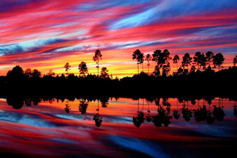 Earth - Sunset Tree Colorful Red Blue Yellow Reflection Wallpaper