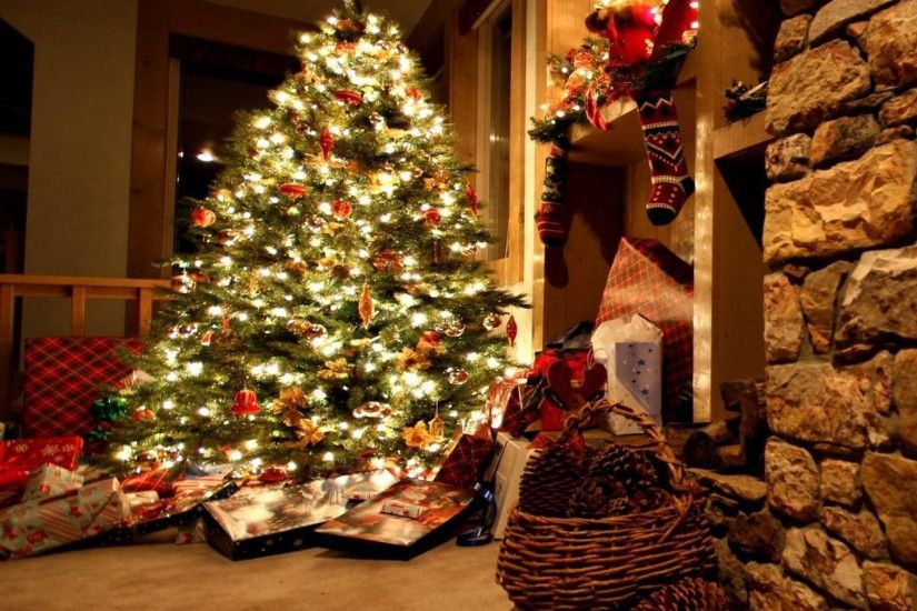Preview wallpaper christmas tree, ornaments, fireplace, gifts, home,  cosiness, garland