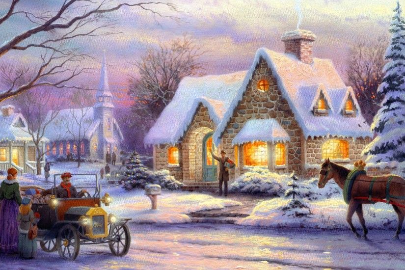 Thomas Kinkade Wallpaper, Memories of Christmas, art, painting, winter,  snow,