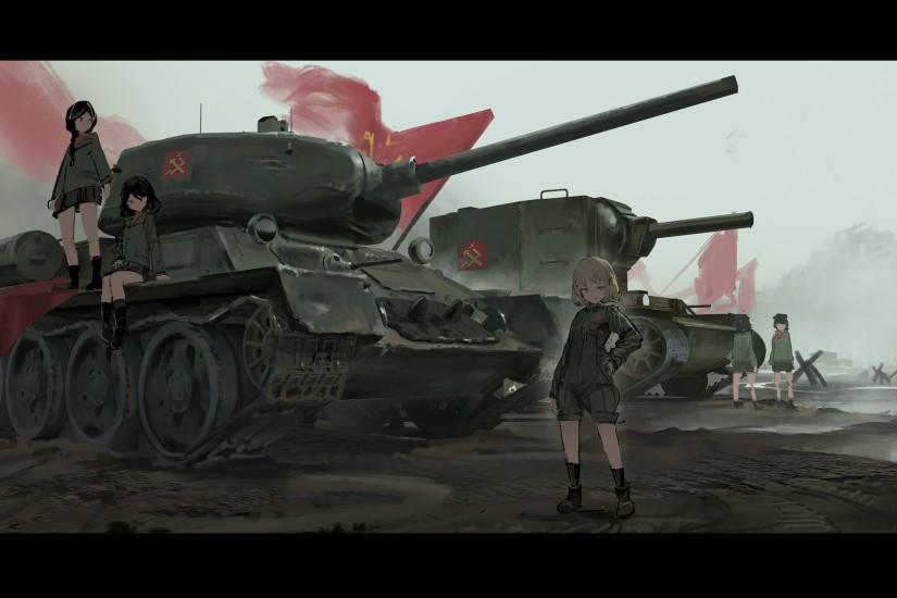Anime 3000x1512 anime anime girls Girls und Panzer tank T-34-85 KV-