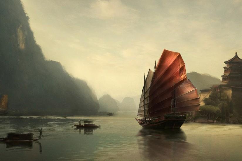 Chinese boat wallpaper