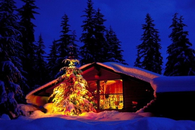 Free Christmas Cabin And Tree In Deep Snow - Landscapes Christmas Desktop  Wallpaper and Computer Background