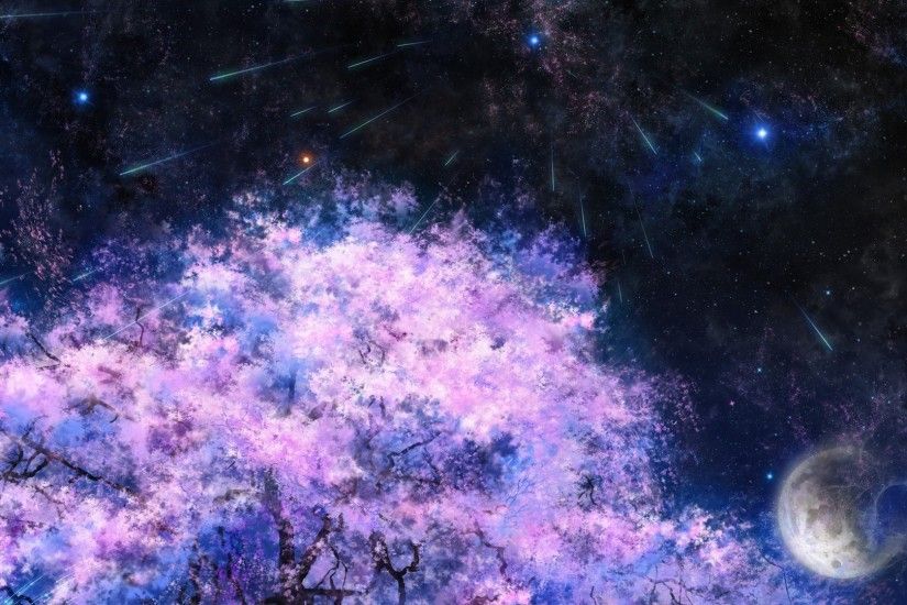 Art painting, cherry trees, space, meteor shower wallpaper 1920x1080 Full HD