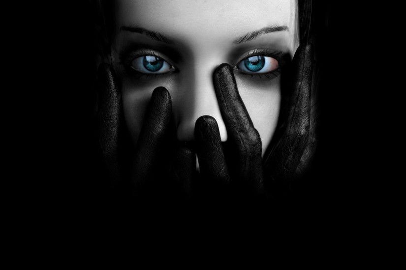 sky blue eyes girl hiding her face with hear hands with black wallpaper