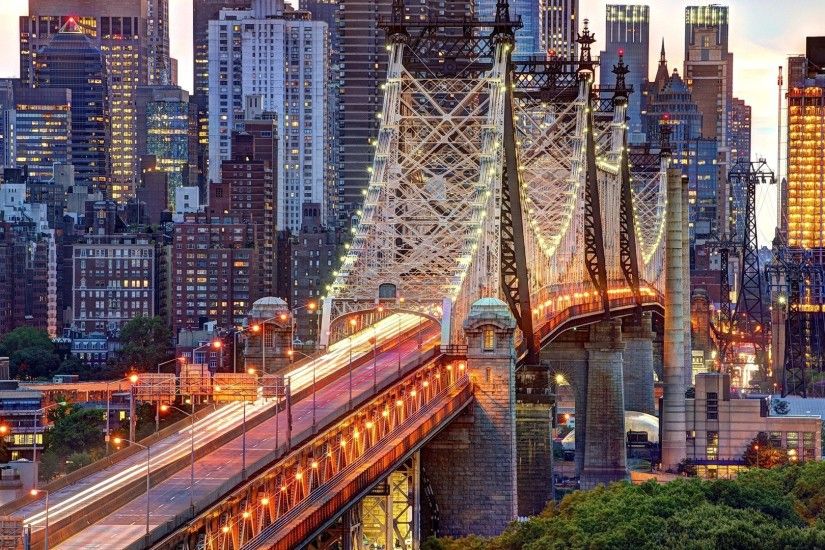 Early Morning Queensboro Bridge Nyc New York City USA Manhattan Buildings  Lights River Full HD 1080p Background Detail