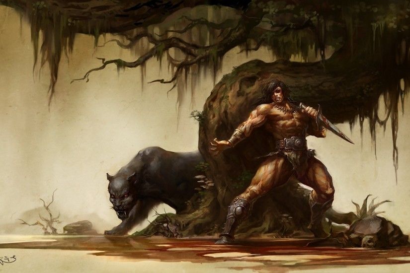 art men warrior weapon barbarian dagger cat wild panther monster tree