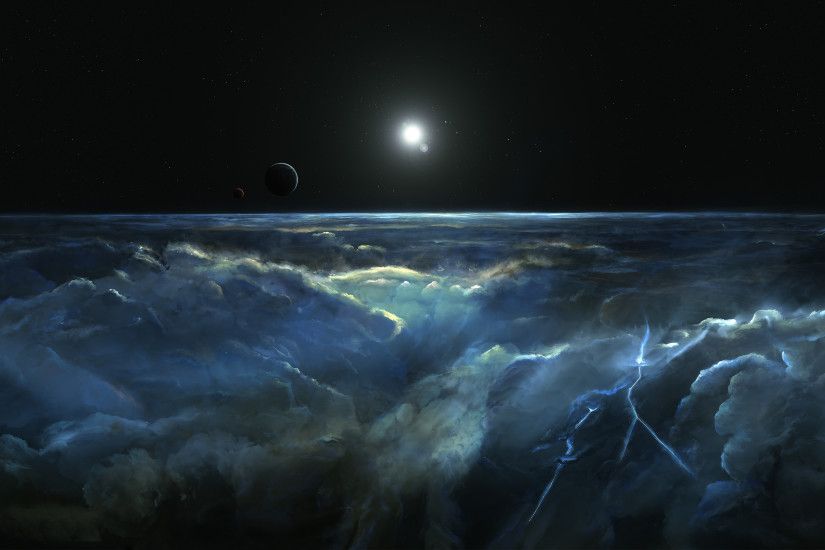 Planets by the storm clouds wallpaper
